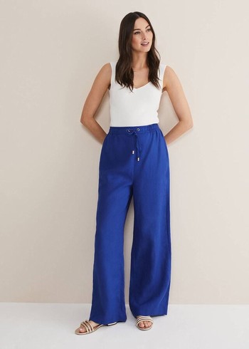 Phase Eight Lolita Blue Linen Wide Legs Trousers Deep Blue Australia | MX6952138